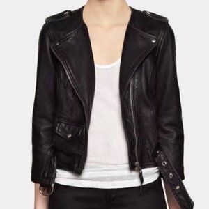 All Saints Cropped Riley Leather Belted Black Moto Biker Jacket UK 8 US 4 XS